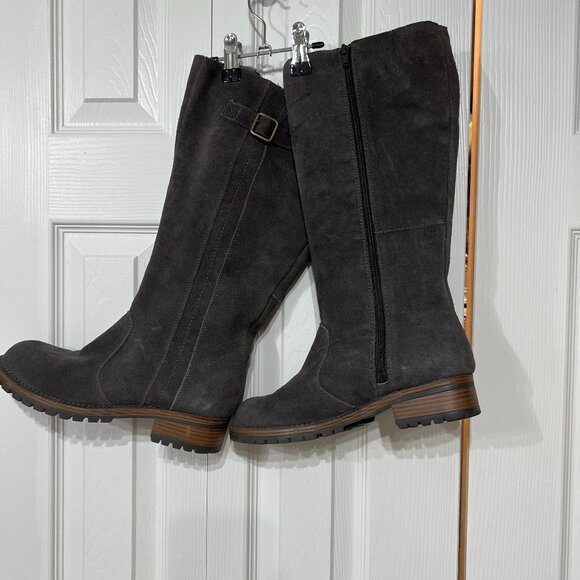 Merona Shoes - Merona Wm 9 Gray Suede Look Knee Buckle Zip Boots Target Chunky Moto Boho Grunge